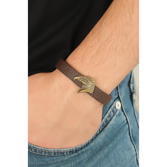 Eskitme Renk Metal Kartal Aksesuarlı Kahverengi Deri Erkek Bileklik - TJ-EB2091-KS