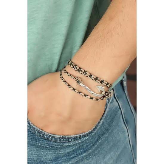 Krem Renk Çizgi Desenli Metal Kancalı Erkek Bileklik - TJ-EB2244-KS