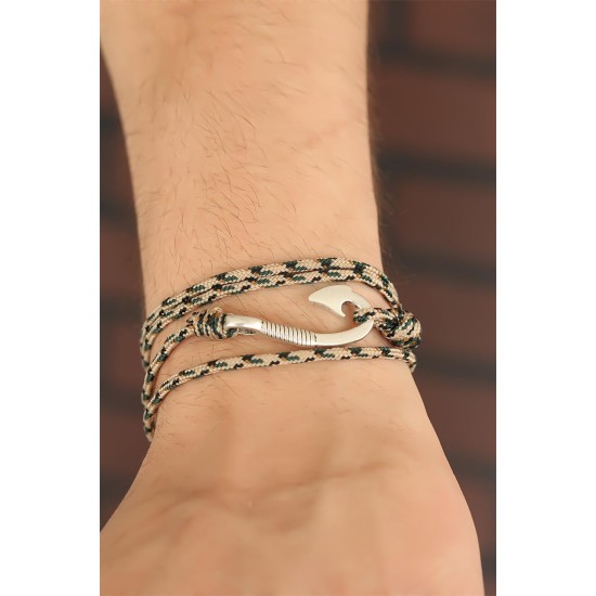 Krem Renk Çizgi Desenli Metal Kancalı Erkek Bileklik - TJ-EB2244-KS