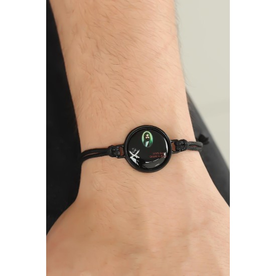 Siyah Renk Deri Ayarlamlı İpli Ya Ali Erkek Bileklik - TJ-EB2357-KS