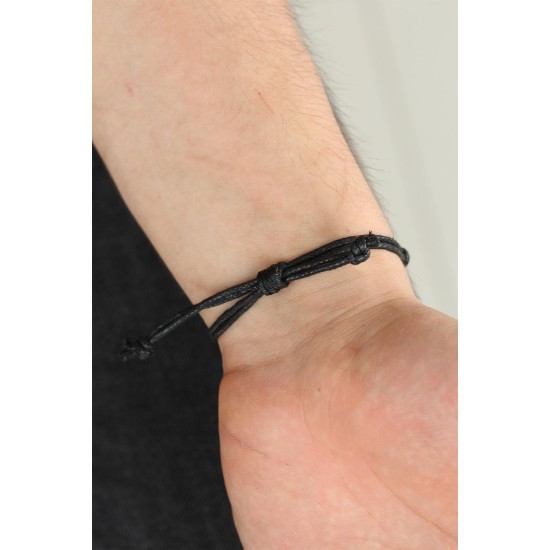 Siyah Renk Deri Ayarlamlı İpli Kayı Boyu Erkek Bileklik - TJ-EB2369-KS