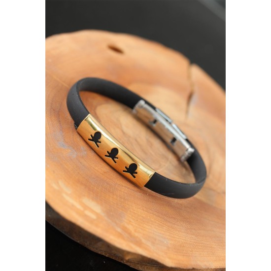 Gold Renk Metal Kuru Kafalı Tasarım Siyah Renk Silikon Erkek Bileklik - TJ-EB2515-KS