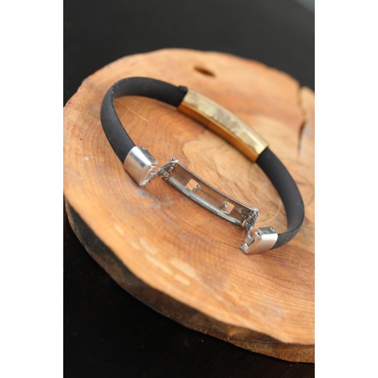 Gold Renk Metal Kuru Kafalı Tasarım Siyah Renk Silikon Erkek Bileklik - TJ-EB2515-KS