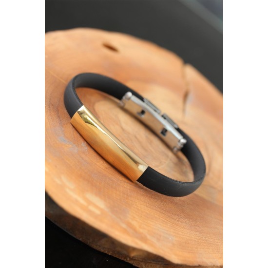 Gold Renk Metal Tasarım Siyah Renk Silikon Erkek Bileklik - TJ-EB2516-KS