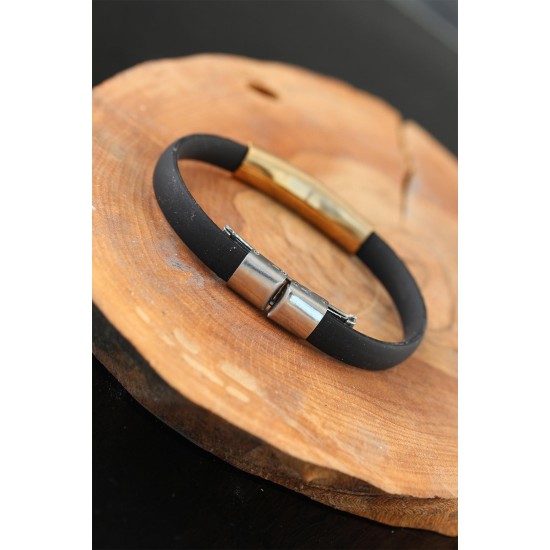 Gold Renk Metal Tasarım Siyah Renk Silikon Erkek Bileklik - TJ-EB2516-KS