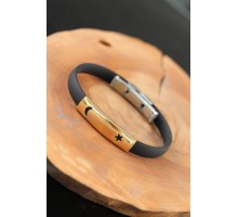Gold Renk Metal Ay Yıldız Tasarım Siyah Renk Silikon Erkek Bileklik - TJ-EB2518-KS