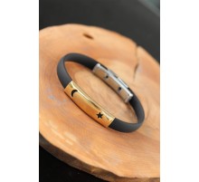 Gold Renk Metal Ay Yıldız Tasarım Siyah Renk Silikon Erkek Bileklik - TJ-EB2518-KS