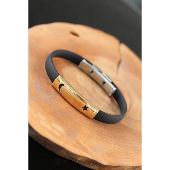 Gold Renk Metal Ay Yıldız Tasarım Siyah Renk Silikon Erkek Bileklik - TJ-EB2518-KS