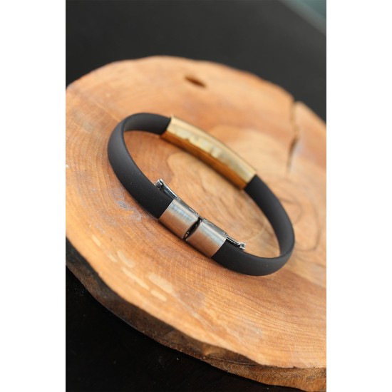 Gold Renk Metal Ay Yıldız Tasarım Siyah Renk Silikon Erkek Bileklik - TJ-EB2518-KS