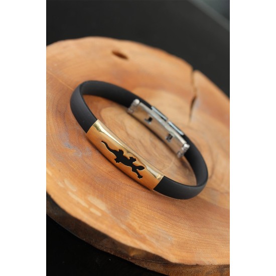 Gold Renk Çelik Semender Tasarım Siyah Renk Silikon Erkek Bileklik - TJ-EB2519-KS