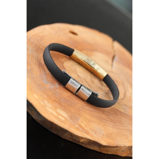 Gold Renk Çelik Semender Tasarım Siyah Renk Silikon Erkek Bileklik - TJ-EB2519-KS