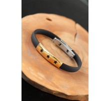 Gold Renk Çelik Yıldızlı Tasarım Siyah Renk Silikon Erkek Bileklik - TJ-EB2520-KS