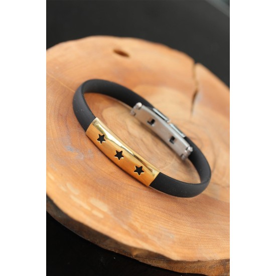 Gold Renk Çelik Yıldızlı Tasarım Siyah Renk Silikon Erkek Bileklik - TJ-EB2520-KS