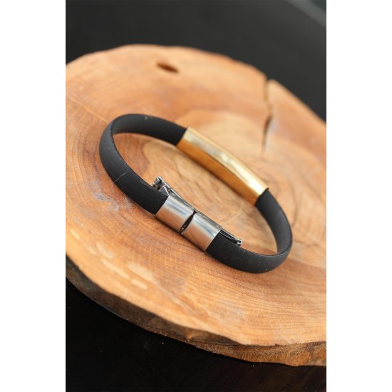 Gold Renk Çelik Yıldızlı Tasarım Siyah Renk Silikon Erkek Bileklik - TJ-EB2520-KS