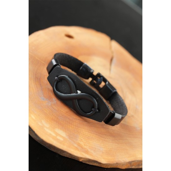 Sonsuzluklu Metal Aksesuarlı Siyah Deri Erkek Bileklik - TJ-EB2525-KS