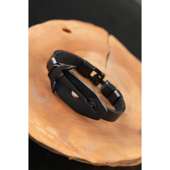 Deniz Çapalı Metal Aksesuarlı Siyah Deri Erkek Bileklik - TJ-EB2526-KS