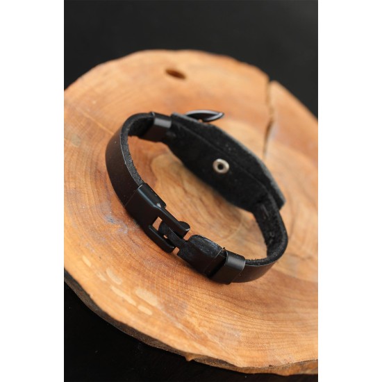 Deniz Çapalı Metal Aksesuarlı Siyah Deri Erkek Bileklik - TJ-EB2526-KS