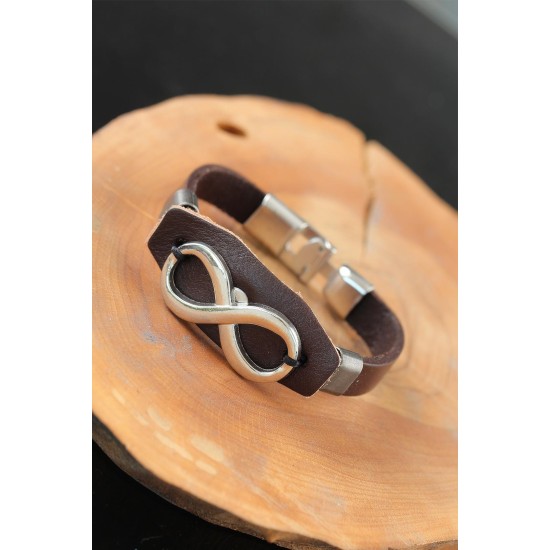 Sonsuzluklu Metal Aksesuarlı Kahverengi Deri Erkek Bileklik - TJ-EB2534-KS