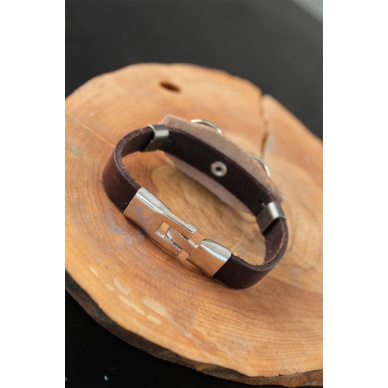 Sonsuzluklu Metal Aksesuarlı Kahverengi Deri Erkek Bileklik - TJ-EB2534-KS