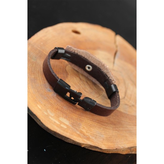 Siyah Sonsuzluklu Metal Aksesuarlı Kahverengi Deri Erkek Bileklik - TJ-EB2536-KS