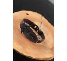 Siyah Deniz Çapalı Çelik Aksesuarlı Kahverengi Deri Erkek Bileklik - TJ-EB2537-KS