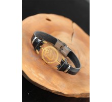 Gold Renk Elif Vav Metal Aksesuarlı Siyah Renk Deri Erkek Bileklik - TJ-EB2540-KS