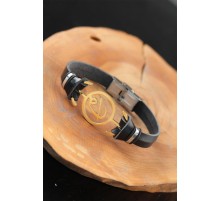 Gold Renk Elif Vav Metal Aksesuarlı Siyah Renk Deri Erkek Bileklik - TJ-EB2540-KS