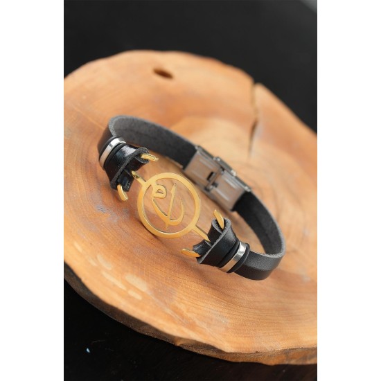 Gold Renk Elif Vav Metal Aksesuarlı Siyah Renk Deri Erkek Bileklik - TJ-EB2540-KS