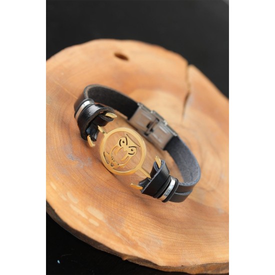 Gold Renk Baykuşlu Metal Aksesuarlı Siyah Renk Deri Erkek Bileklik - TJ-EB2542-KS