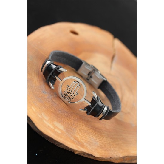 Silver Renk Fatma Ana Eli Metal Aksesuarlı Siyah Renk Deri Erkek Bileklik - TJ-EB2543-KS