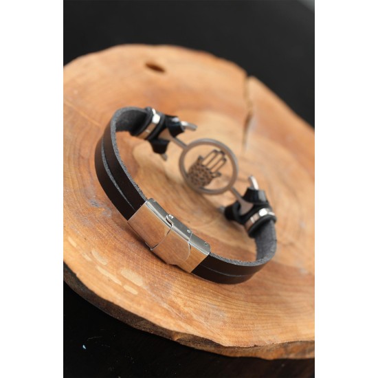 Silver Renk Fatma Ana Eli Metal Aksesuarlı Siyah Renk Deri Erkek Bileklik - TJ-EB2543-KS