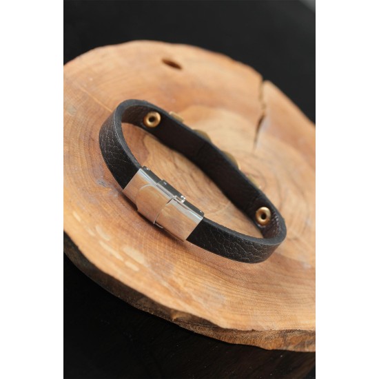 Gold Renk Sonsuzluklu Metal Aksesuarlı Siyah Deri Erkek Bileklik - TJ-EB2544-KS