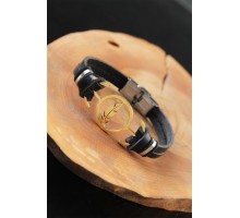 Gold Renk Yapraklı Metal Aksesuarlı Siyah Deri Erkek Bileklik - TJ-EB2547-KS