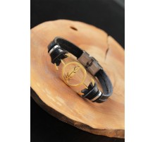 Gold Renk Yapraklı Metal Aksesuarlı Siyah Deri Erkek Bileklik - TJ-EB2547-KS