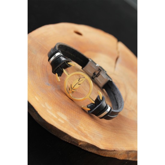 Gold Renk Yapraklı Metal Aksesuarlı Siyah Deri Erkek Bileklik - TJ-EB2547-KS