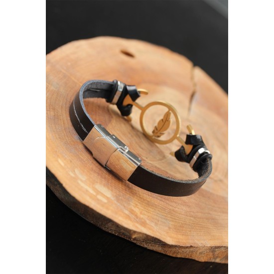 Gold Renk Yapraklı Metal Aksesuarlı Siyah Deri Erkek Bileklik - TJ-EB2547-KS