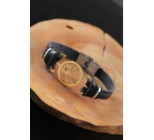 Gold Renk Yıldızlı Metal Aksesuarlı Siyah Deri Erkek Bileklik - TJ-EB2548-KS