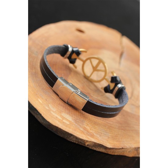 Gold Renk Barış Figürlü Metal Aksesuarlı Siyah Renk Deri Erkek Bileklik - TJ-EB2549-KS