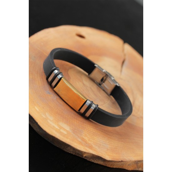 Gold Renk Metal Aksesuarlı Siyah Renk Deri Erkek Bileklik - TJ-EB2550-KS