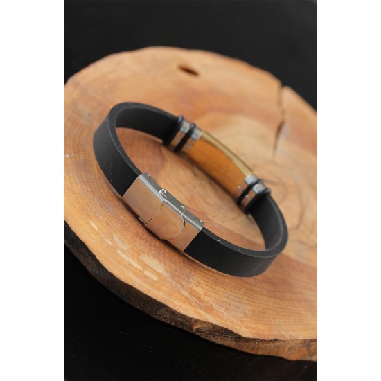 Gold Renk Metal Aksesuarlı Siyah Renk Deri Erkek Bileklik - TJ-EB2550-KS