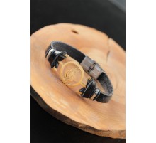 Gold Renk Metal Sol Anahtarlı Tasarım Siyah Renk Deri Erkek Bileklik - TJ-EB2554-KS