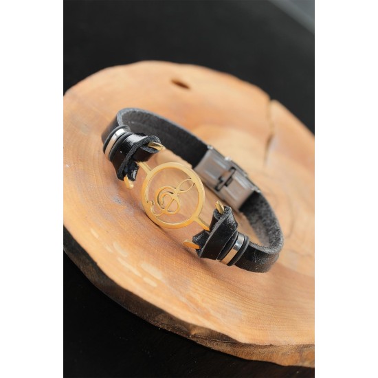 Gold Renk Metal Sol Anahtarlı Tasarım Siyah Renk Deri Erkek Bileklik - TJ-EB2554-KS