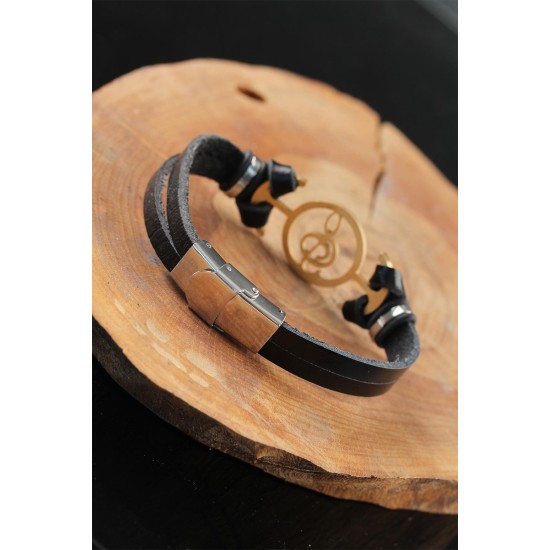 Gold Renk Metal Sol Anahtarlı Tasarım Siyah Renk Deri Erkek Bileklik - TJ-EB2554-KS