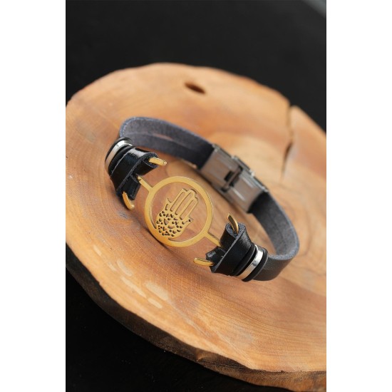 Gold Renk Metal Fatma Ana Eli Tasarım Siyah Renk Deri Erkek Bileklik - TJ-EB2558-KS