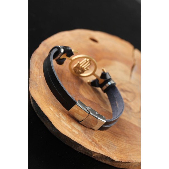 Gold Renk Metal Fatma Ana Eli Tasarım Siyah Renk Deri Erkek Bileklik - TJ-EB2558-KS