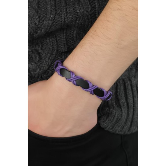 Mor Çapraz İpli Siyah Renk Deri Erkek Bileklik - TJ-EB2732-KS