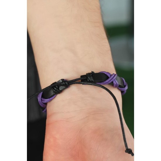 Mor Çapraz İpli Siyah Renk Deri Erkek Bileklik - TJ-EB2732-KS
