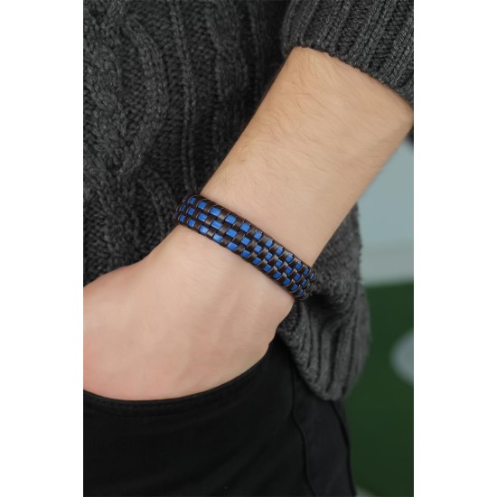 Lacivert Damalı Deri Erkek Bileklik - TJ-EB2749-KS