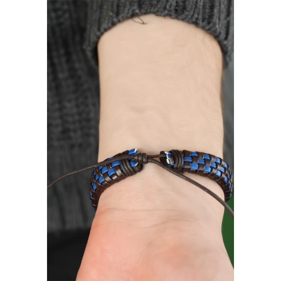 Lacivert Damalı Deri Erkek Bileklik - TJ-EB2749-KS