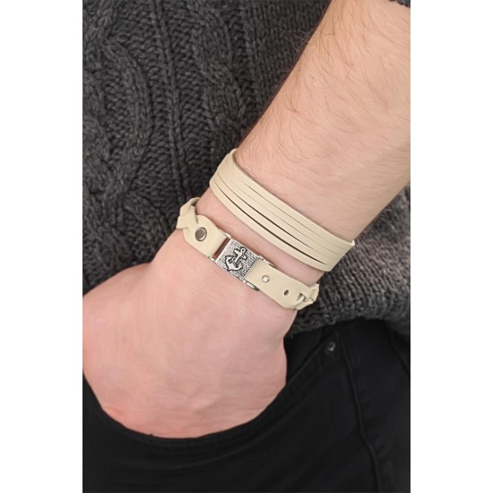 Krem Renk Deri Erkek Bileklik Kombin - TJ-EB2799